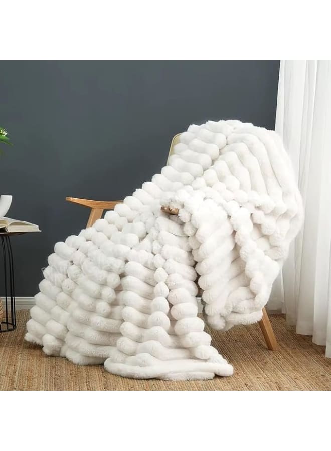 Moro Moro Luxury Soft Fur Blanket,Warm Winter Bedspread,Cream,Wave Design for Sofa Bed - Image 1